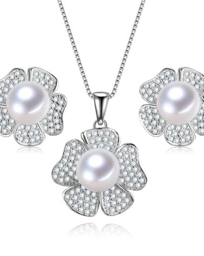 Reni – Sterling Silver Rose Shaped Earrings and Necklace with Fresh Water Pearl