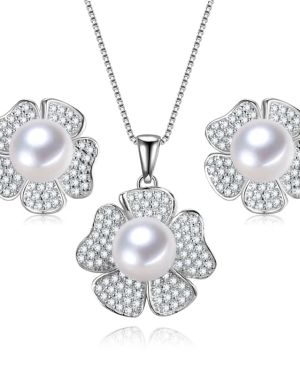 Reni – Sterling Silver Rose Shaped Earrings and Necklace with Fresh Water Pearl