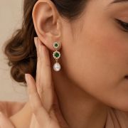 Evelyn – Fresh Water Pearl Drop Earrings with Green Zirconia Stones