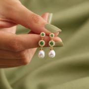 Evelyn – Fresh Water Pearl Drop Earrings with Green Zirconia Stones
