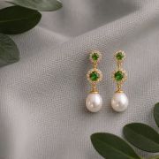 Evelyn – Fresh Water Pearl Drop Earrings with Green Zirconia Stones