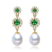 Evelyn – Fresh Water Pearl Drop Earrings with Green Zirconia Stones