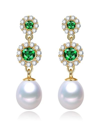 Evelyn – Fresh Water Pearl Drop Earrings with Green Zirconia Stones