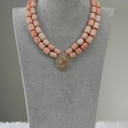 Jadesola – Two-Layer Peach Coral Necklace Set with Sparkling Pendant