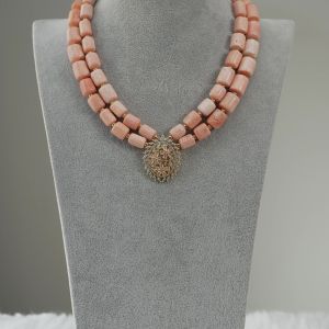 Jadesola - Two-Layer Peach Coral Necklace Set with Sparkling Pendant