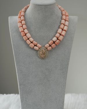 Jadesola – Two-Layer Peach Coral Necklace Set with Sparkling Pendant