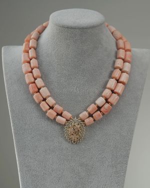 Jadesola – Two-Layer Peach Coral Necklace Set with Sparkling Pendant
