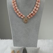 Jadesola – Two-Layer Peach Coral Necklace Set with Sparkling Pendant