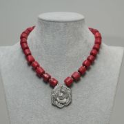Ama – One Layer Red Coral Necklace Set with Silver Rose Pendant