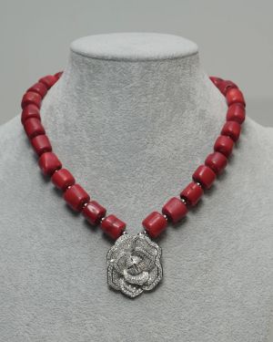 Ama – One Layer Red Coral Necklace Set with Silver Rose Pendant