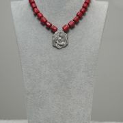 Ama – One Layer Red Coral Necklace Set with Silver Rose Pendant