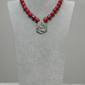 Ama - One Layer Red Coral Necklace Set with Silver Rose Pendant