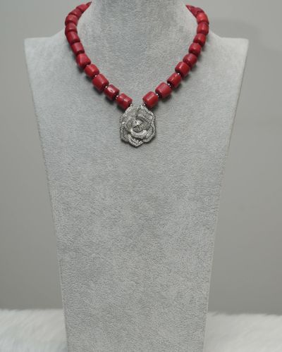 Ama – One Layer Red Coral Necklace Set with Silver Rose Pendant