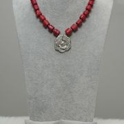 Ama – One Layer Red Coral Necklace Set with Silver Rose Pendant