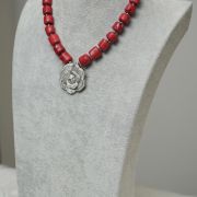 Ama – One Layer Red Coral Necklace Set with Silver Rose Pendant