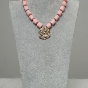 Ama - One Layer Pink Coral Necklace Set with Two tone Rose Pendant