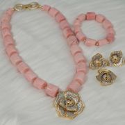 Ama – One Layer Pink Coral Necklace Set with Two tone Rose Pendant