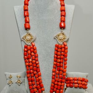 Adunni - Long 4-Layer Orange Coral Necklace with Zirconia Accessories