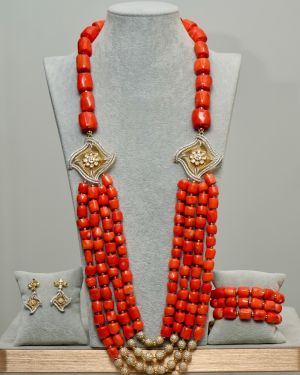 Adunni – Long 4-Layer Orange Coral Necklace with Zirconia Accessories