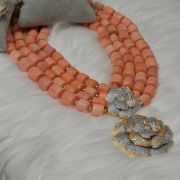 Rolake – 4-Layer Peach Coral Necklace with Zirconia Rose Pendant