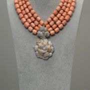 Rolake – 4-Layer Peach Coral Necklace with Zirconia Rose Pendant