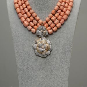 Rolake - 4-Layer Peach Coral Necklace with Zirconia Rose Pendant
