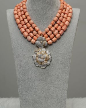 Rolake – 4-Layer Peach Coral Necklace with Zirconia Rose Pendant