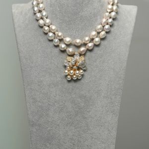 Laura - 2-Layered Baroque Pearl Necklace with Serinity Crystals & Zirconia Pendant