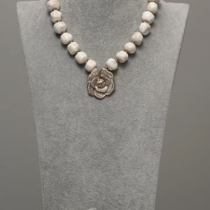 Ama - One Layer Off White Coral Necklace Set with Two tone Rose Pendant